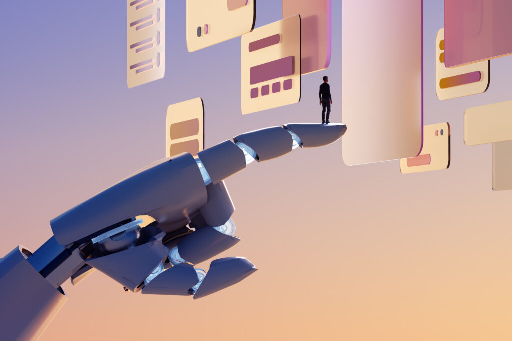 Digital generated image of large scaled robotic arm supporting human arranging data screens against purple background.