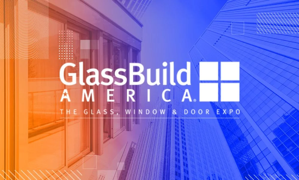 GlassBuild America logo on a blue and orange gradient background