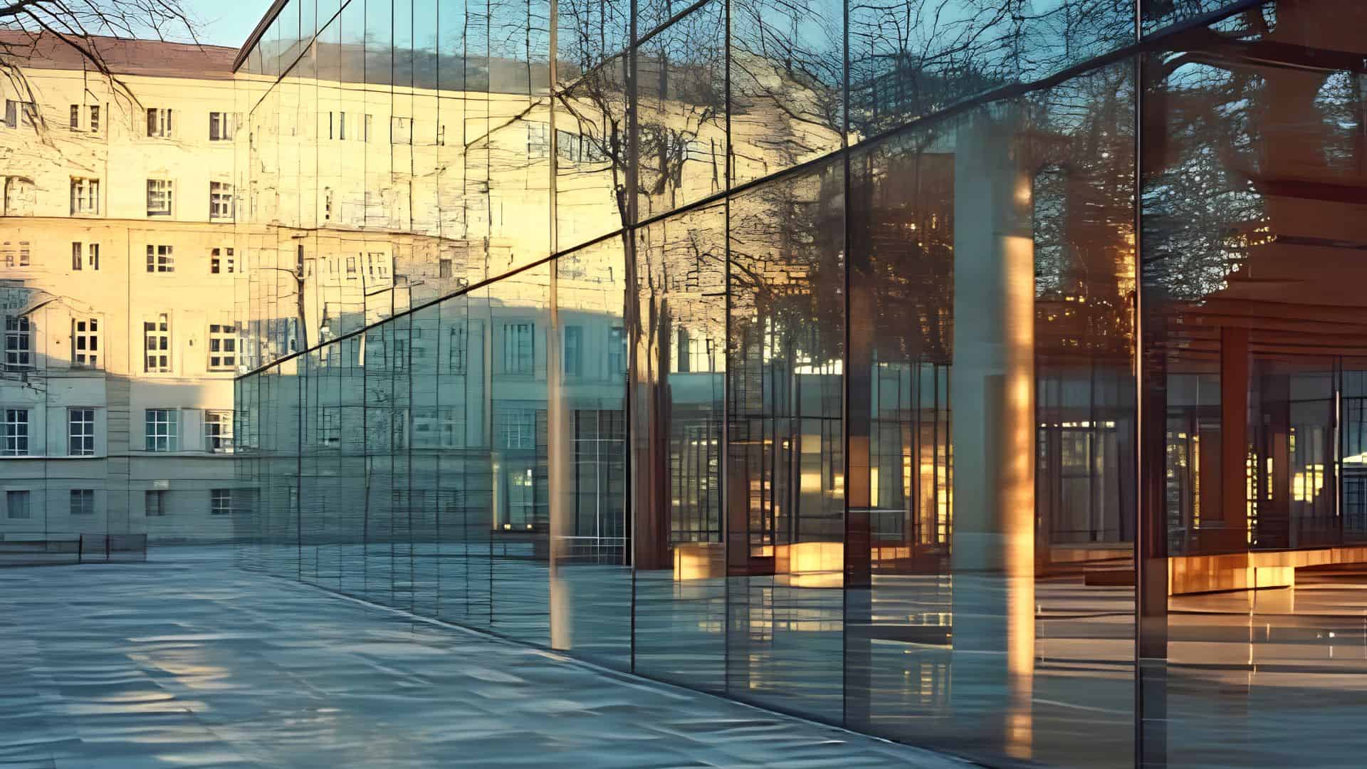 Modern glass building reflecting a historic structure at sunset. Warm light creates a serene atmosphere, highlighting sleek architecture and symmetry.