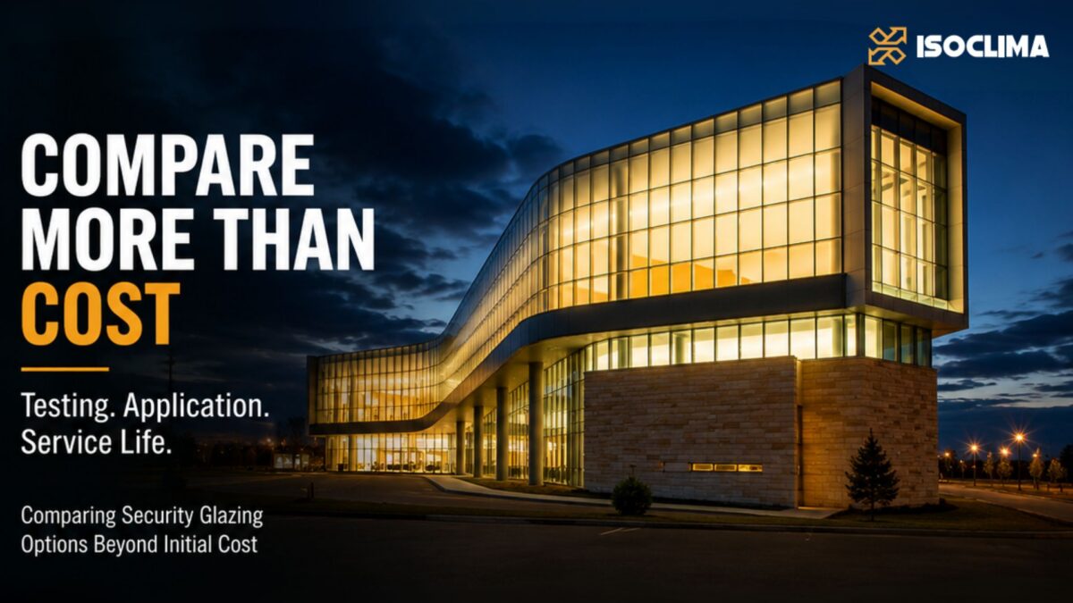 An illuminated modern building with large windows against a dark sky. Text: "Compare More Than Cost: Testing, Application, Service Life." Branding: Isoclima.