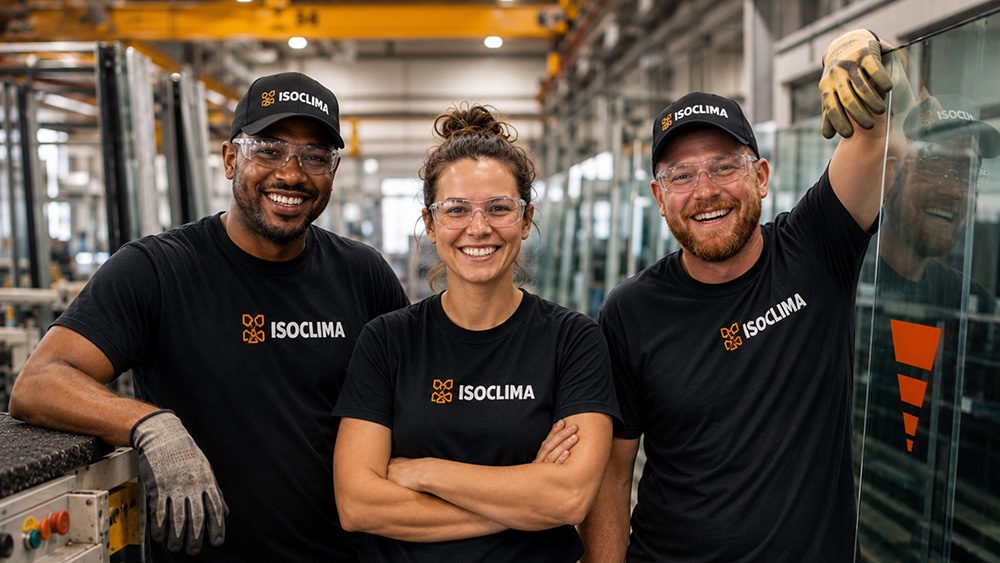 Three Isoclima production team members in branded shirts and safety glasses on the glass manufacturing floor
