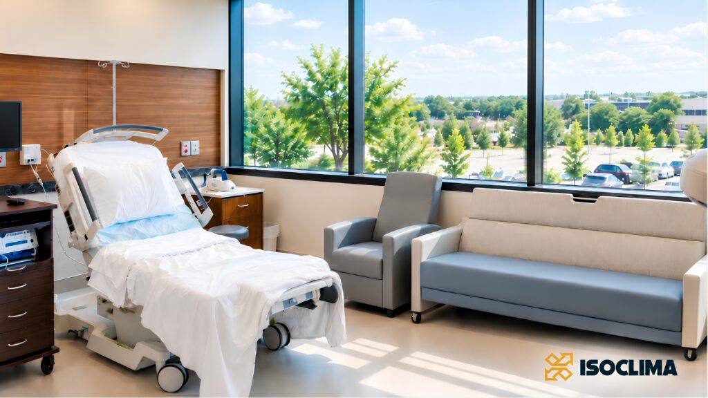 A hospital room featuring a patient bed and a wall-mounted television for entertainment and information.